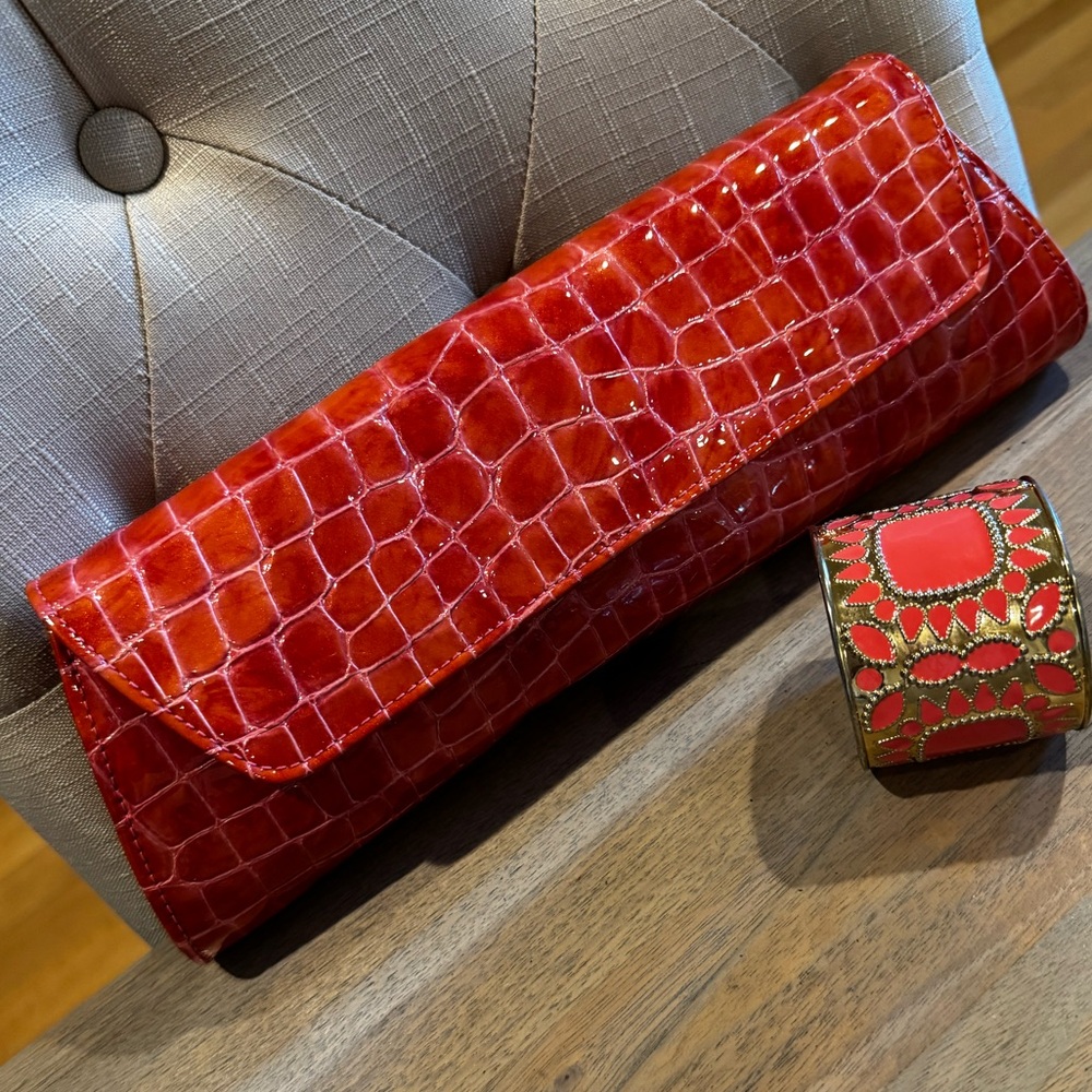 ABAS Red/Orange Croc-Embossed Patent Leather Envelope Clutch | Magnetic Closure